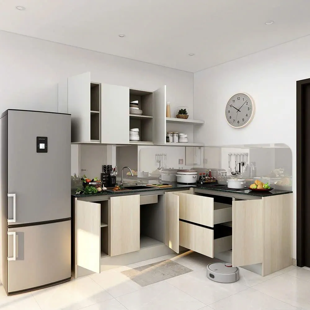 Tủ bếp chữ L thông minh với thiết kế hiện đại, gọn gàng, tích hợp đầy đủ khu vực rửa và nấu, phù hợp với căn hộ nhỏ