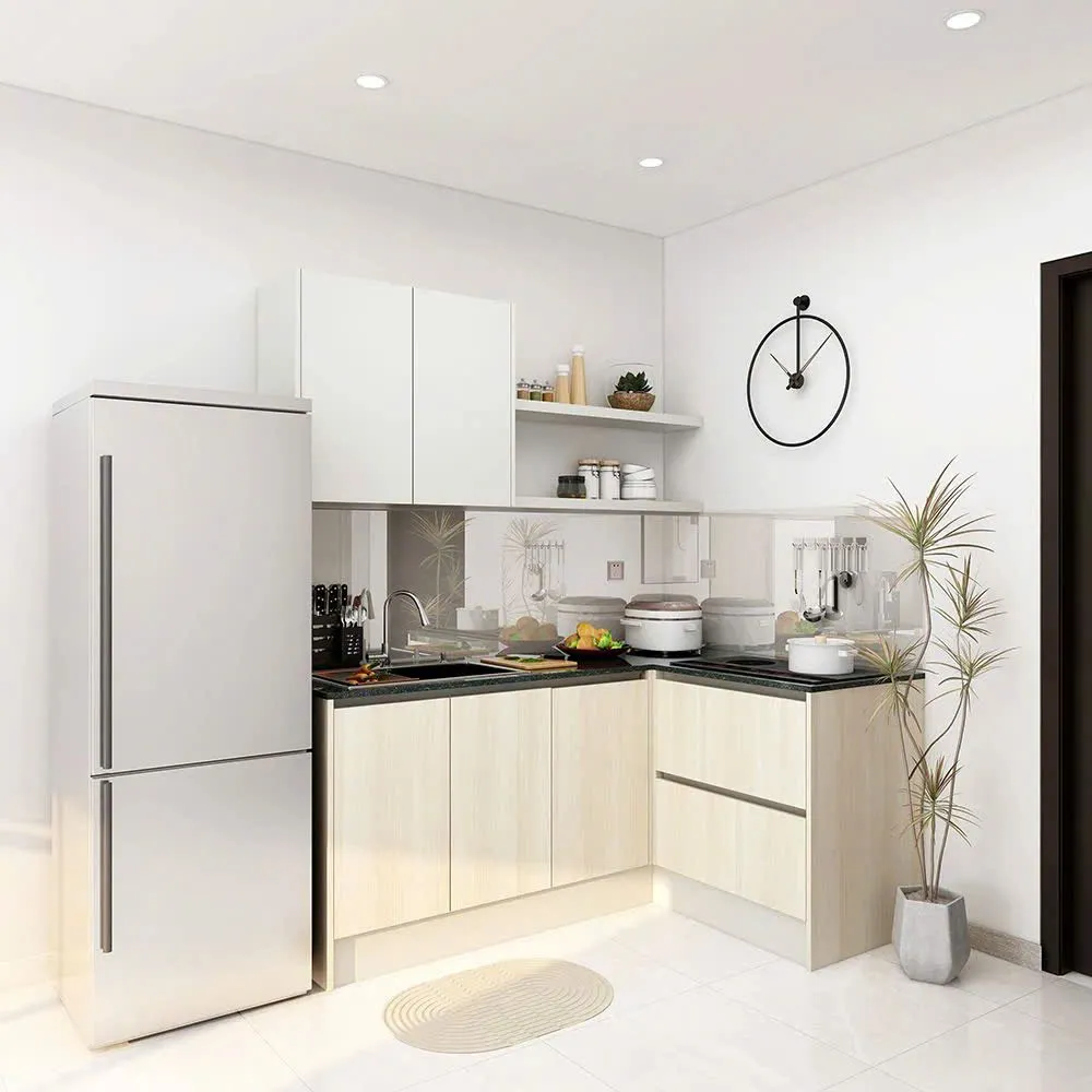 Tủ bếp góc chữ L thiết kế hiện đại, bố trí gọn gàng, phù hợp căn hộ nhỏ và không gian sống tinh tế.