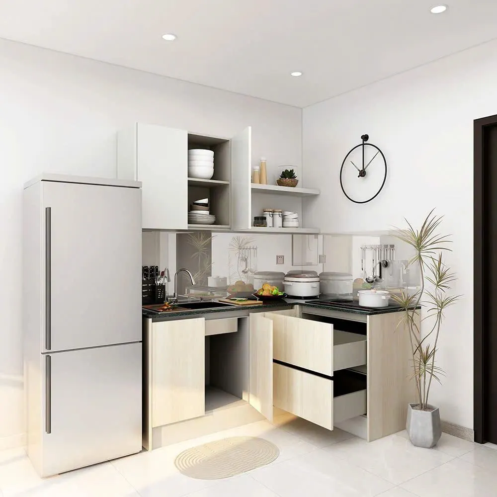 Tủ bếp góc chữ L thiết kế hiện đại, bố trí gọn gàng, phù hợp căn hộ nhỏ và không gian sống tinh tế.