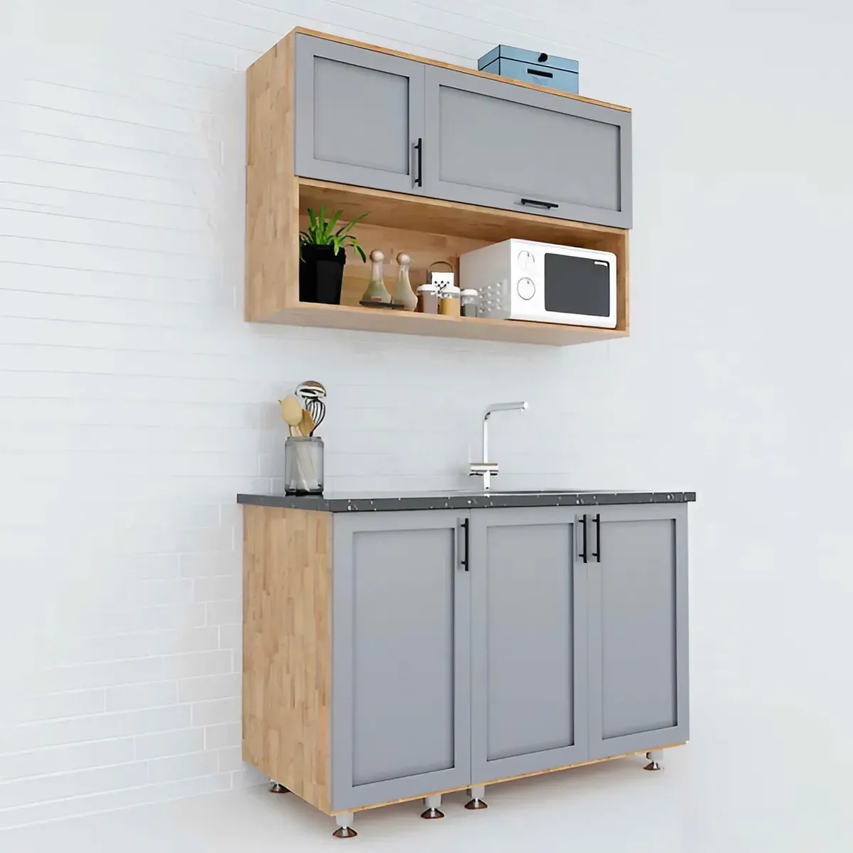 Tủ bếp mini có ngăn lò vi sóng, thiết kế nhỏ gọn, phù hợp căn hộ hoặc studio