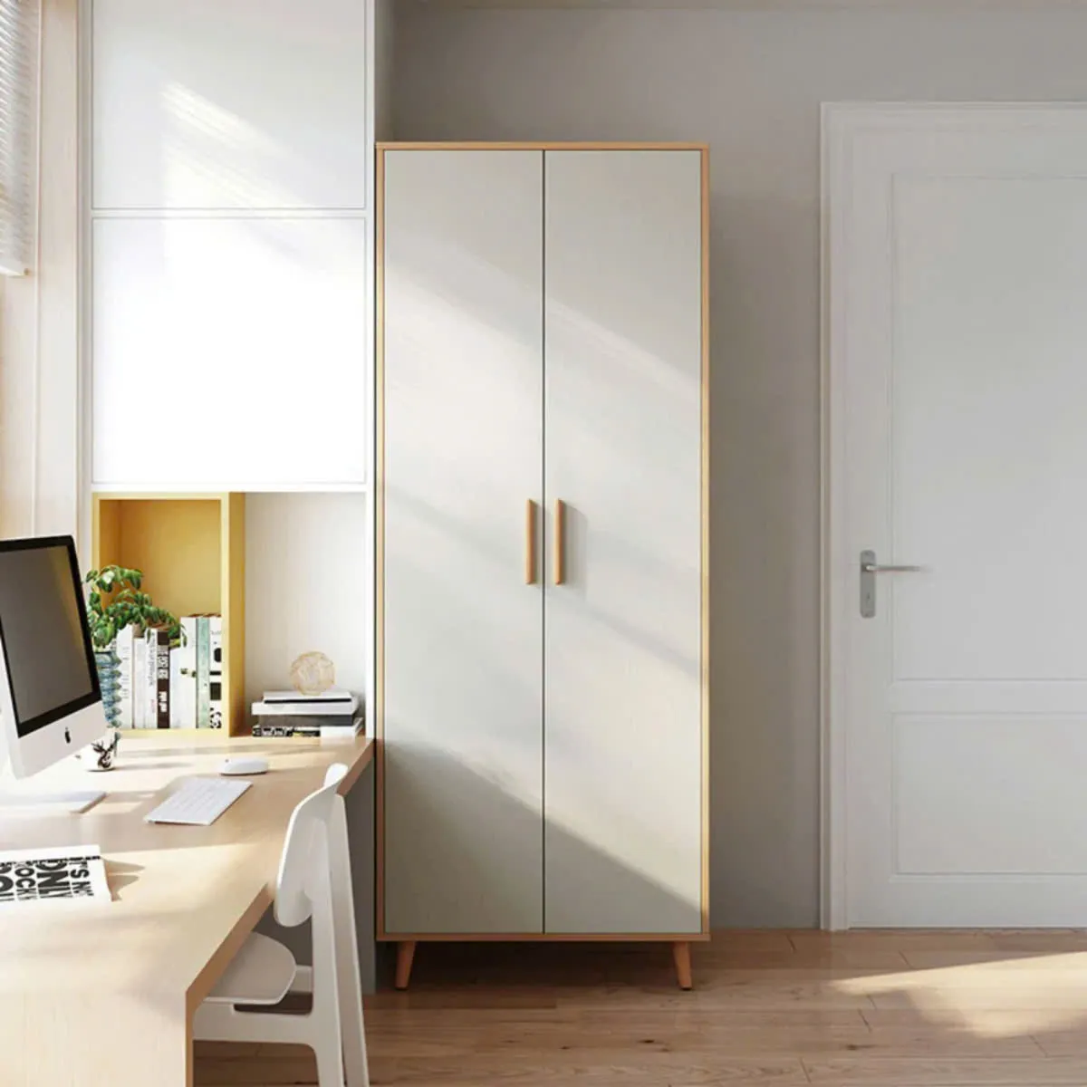 Tủ quần áo 2 cánh chân cao thiết kế hiện đại, đặt trong phòng ngủ gọn gàng