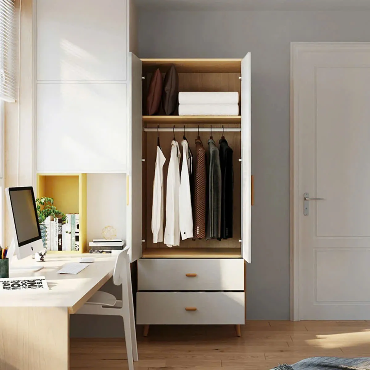Tủ quần áo 2 cánh thiết kế ngăn kéo đa năng chân cao hiện đại