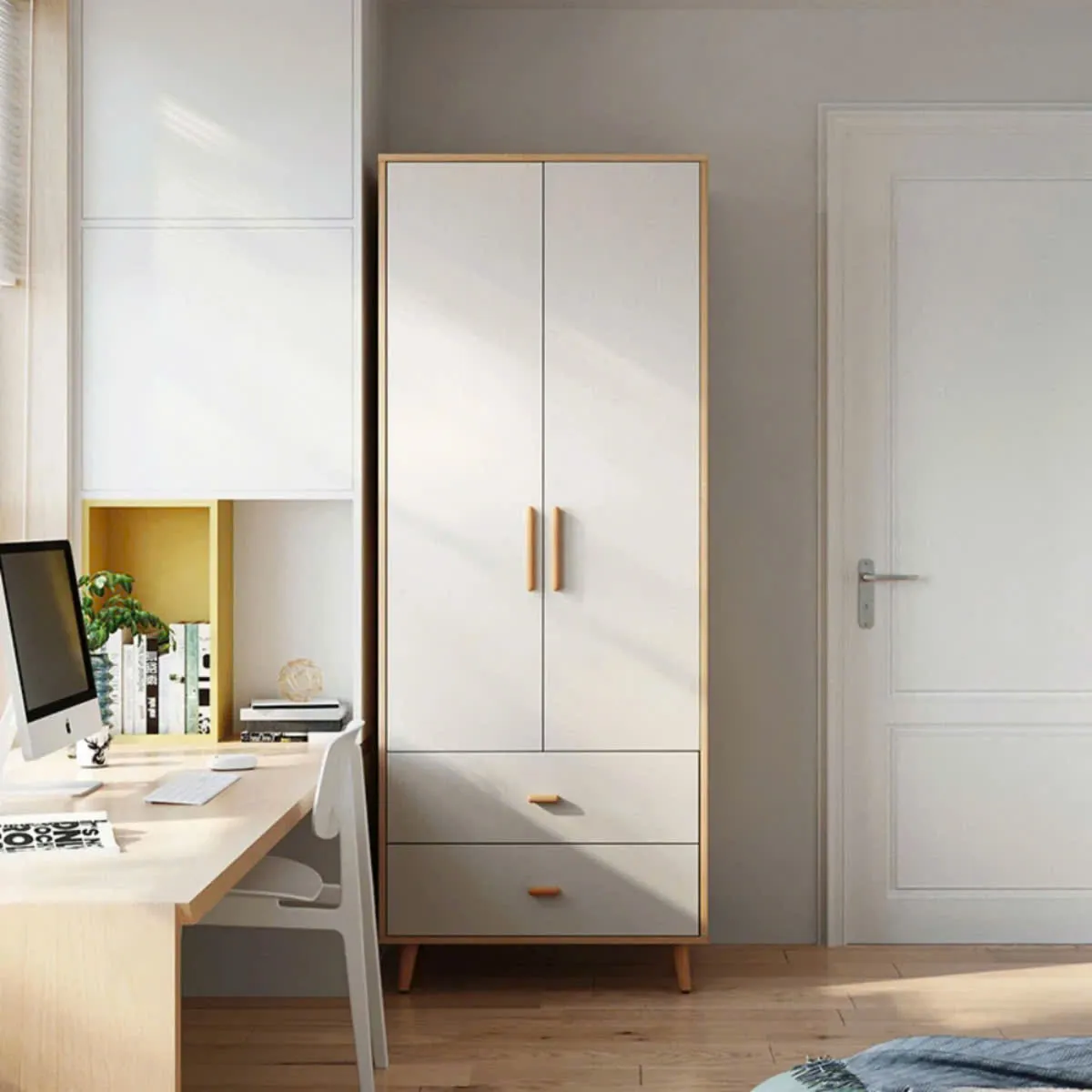 Tủ quần áo 2 cánh thiết kế ngăn kéo đa năng chân cao hiện đại