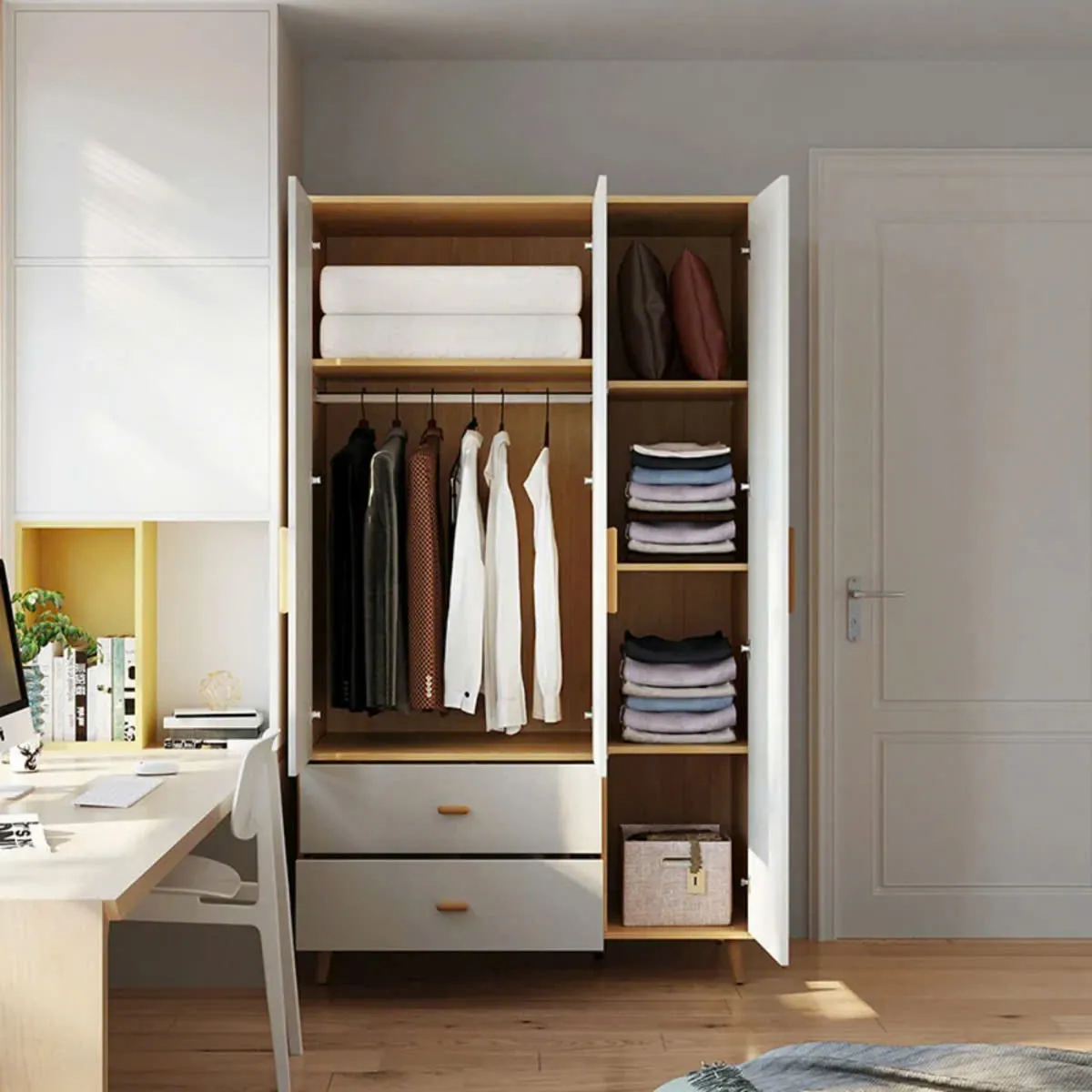 Tủ quần áo 3 cánh đa năng có 2 ngăn kéo lưu trữ hiện đại tiện lợi