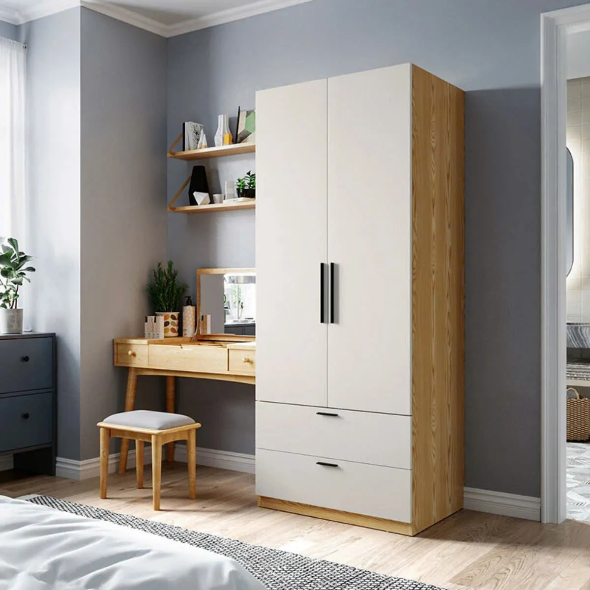 Tủ quần áo gỗ MDF 2 cánh thiết kế tối giản có hộc kéo tiện dụng