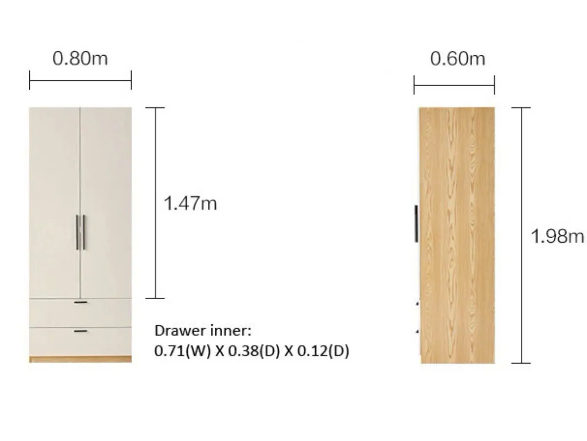 kích thước Tủ Quần Áo Gỗ MDF 2 Cánh Tối Giản Có Hộc Kéo