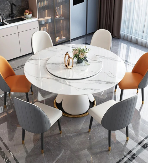 Bàn Ăn Tròn Xoay Hiện Đại Mặt Đá Phiến - BA17