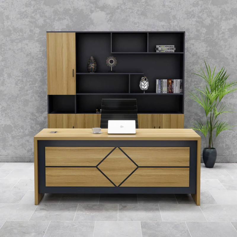 Bàn Giám Đốc Họa Tiết Kim Cương Màu Gỗ Sồi Pha Đen - BGĐ128