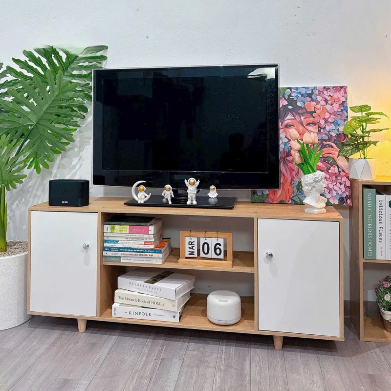 Kệ Tivi Gỗ 2 Cánh Mở Đa Năng Có Ngăn Kệ Trang Trí - KTV3