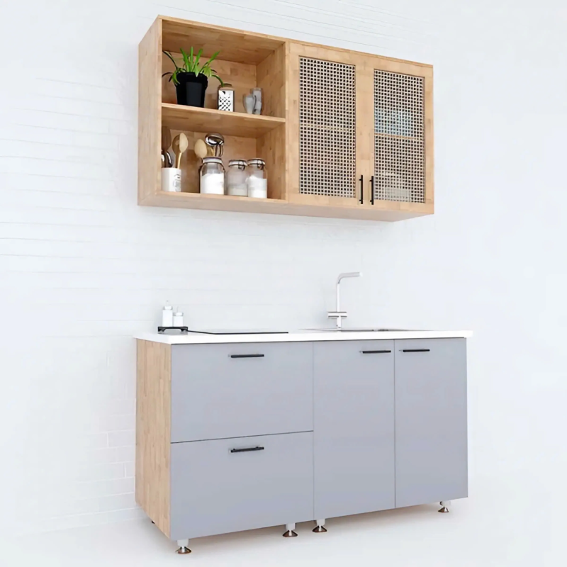 Tủ Bếp Mini Gỗ Cao Su 1m2 Cửa Tủ Lưới Mây - TB16