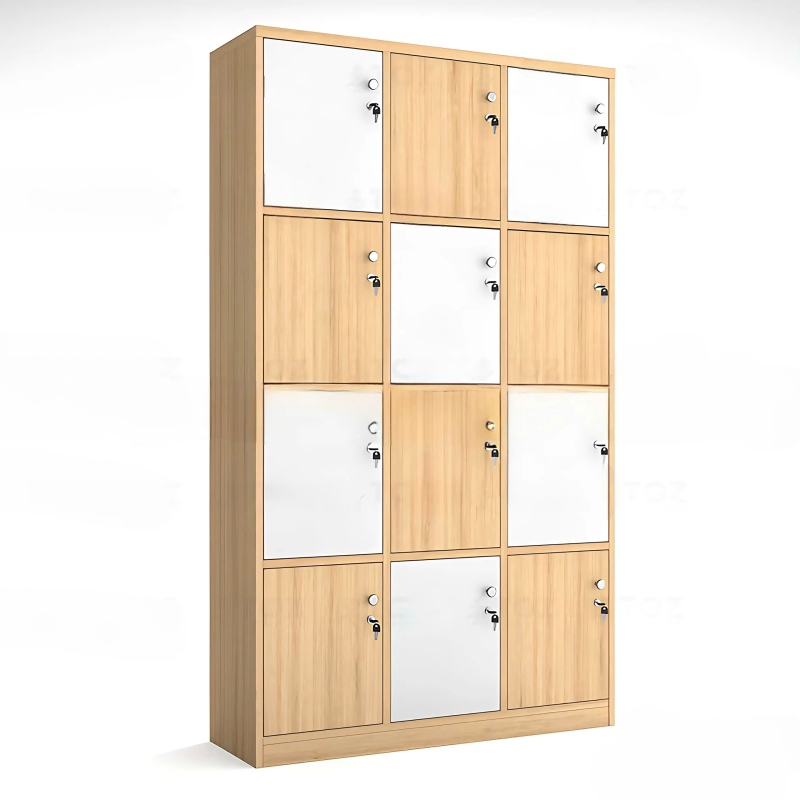 Tủ Locker Gỗ MDF 12 Ngăn Xen Kẻ Trắng Vàng - TLK72